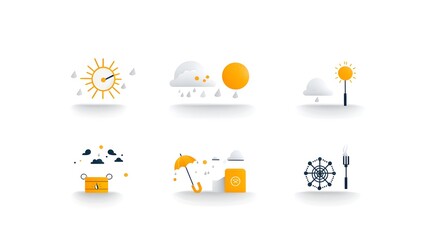 Fototapeta premium Collection of 6 minimalist and stylized two tone geometric weather icons representing various climate conditions such as thunderstorms sunny skies and winter snow in a simple and abstract design