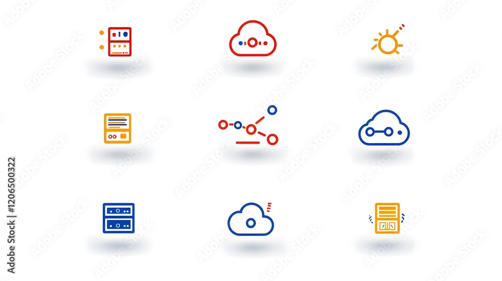 Poster Collection of 6 minimalist two color icons depicting a cloud symbol with interconnected networks of servers