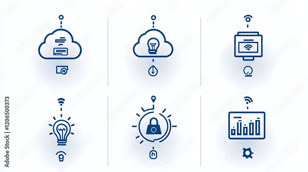 Fototapete Collection of 6 linear icons depicting an efficient cloud computing network with synchronized data flow