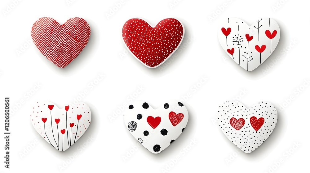 Poster Vibrant Collection of Various Sized Red Heart Shaped Stickers Featuring an Assortment of Unique Textures Patterns and Designs Perfect for Creative Projects Branding and Valentine s Day Decor