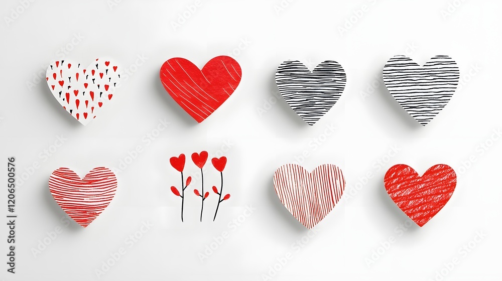 Leinwandbilder Versatile collection of six different linear heart icons and stickers featuring an assortment of unique textures  patterns  and designs in various sizes  Perfect for creative projects