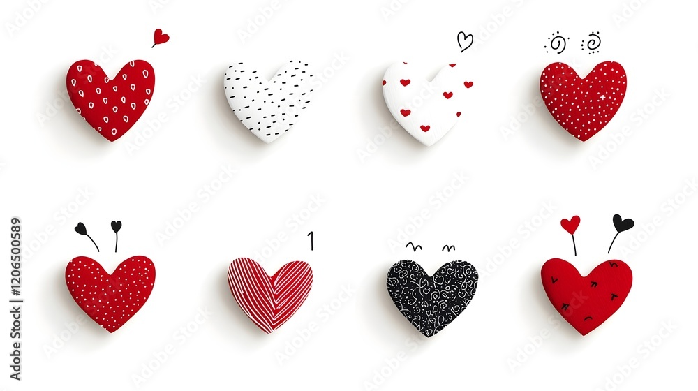 Aufkleber Diverse collection of red heart shaped stickers featuring an assortment of unique textures  patterns  and designs  Perfect for adding a touch of creativity to various projects  branding materials