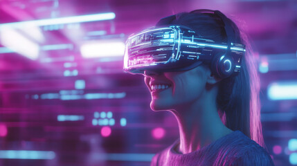 Smiling Female Engaged with Virtual Reality Technology