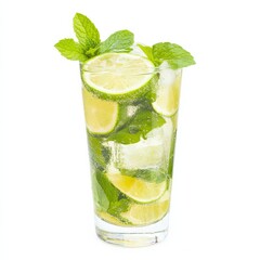 A refreshing Mojito with lime slices and mint leaves, positioned against an isolated white background, cubism art style