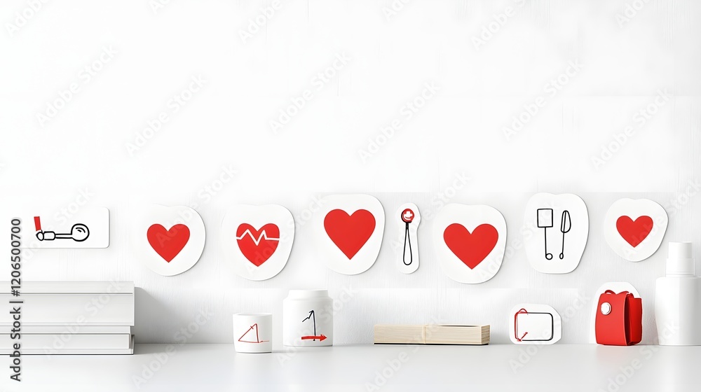Poster a collection of 6 modern minimalist red heart shaped stickers with a range of simple to detailed des