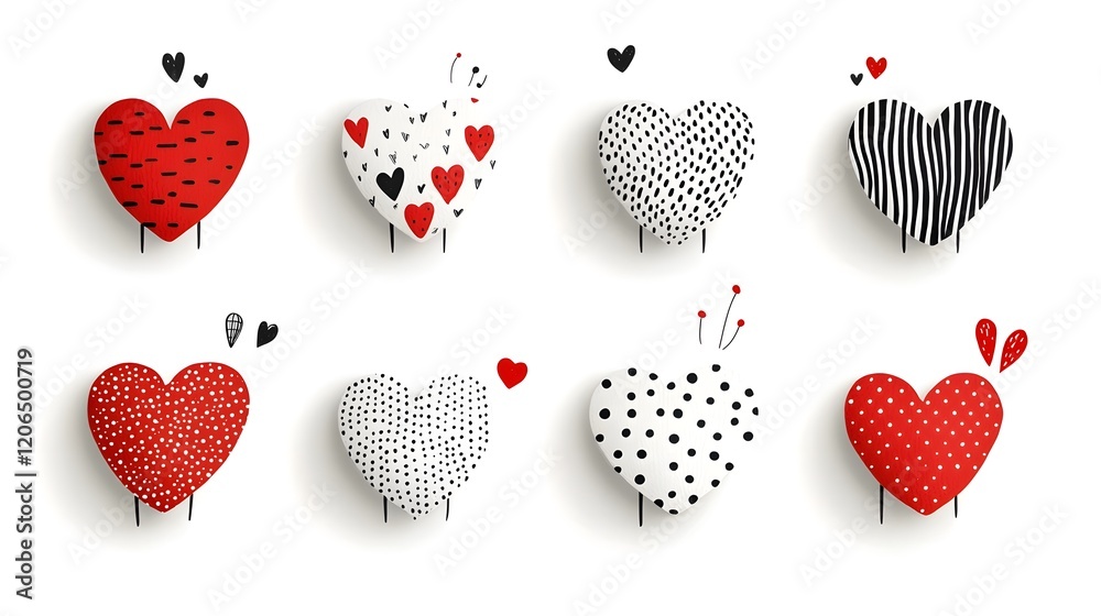 Poster This image showcases a diverse collection of heart shaped stickers in various sizes  featuring an assortment of unique textures  patterns  and designs