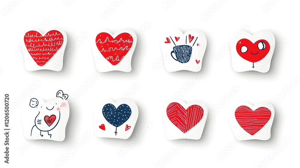 Poster vibrant collection of various sized red heart shaped stickers featuring an assortment of unique text