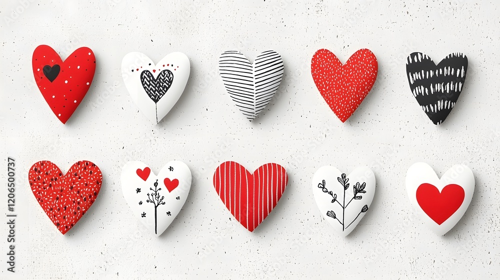 Poster Diverse collection of 6 linear heart shaped sticker icons featuring an array of unique textures  patterns