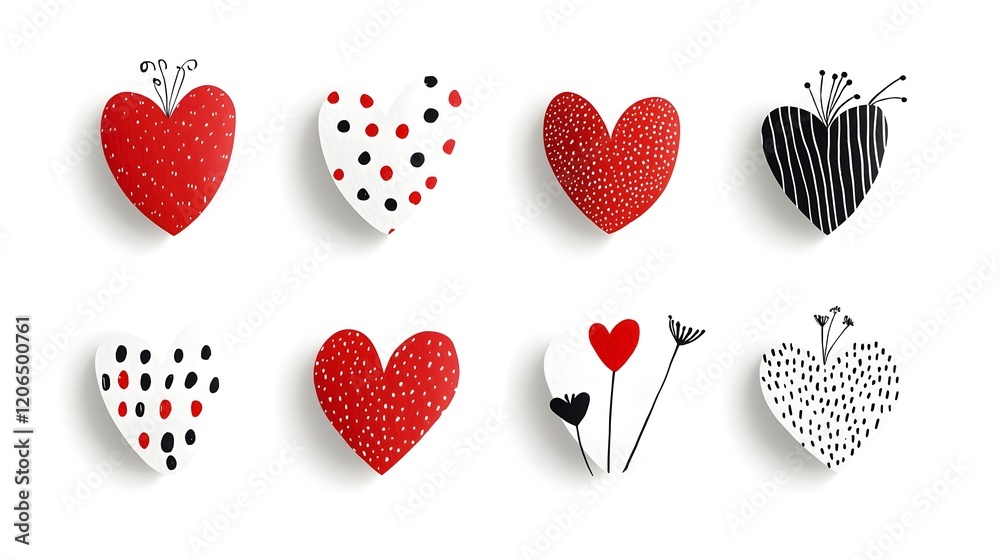 Poster Visually appealing collection of six dynamic heart shaped sticker icons featuring an assortment of distinct textures  patterns  and designs