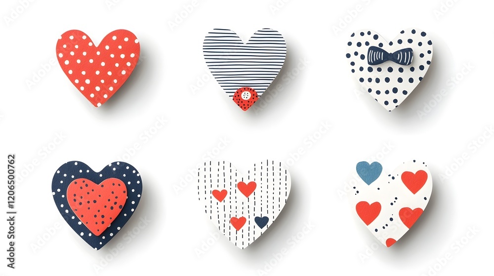 Leinwandbilder Captivating collection of various sized red heart shaped stickers featuring an array of distinctive textures  patterns  and designs   perfect for enhancing creative projects  branding initiatives