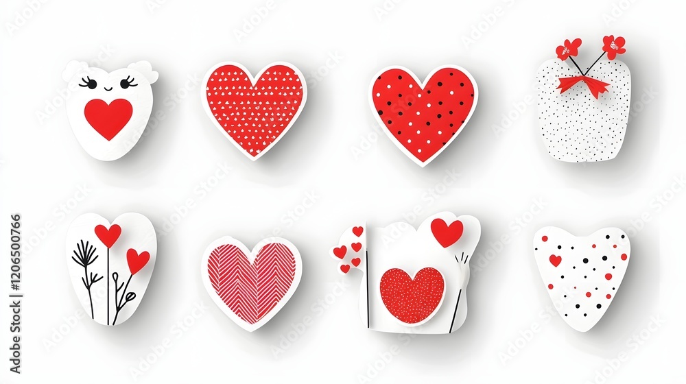 Poster this image showcases a diverse collection of red heart shaped stickers featuring a variety of unique