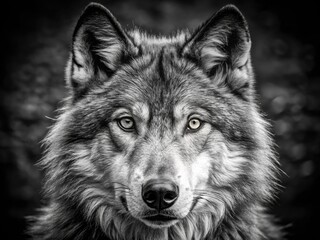 Fototapeta premium Grey Wolf Portrait: Striking Black and White Wildlife Photography - National Geographic Style