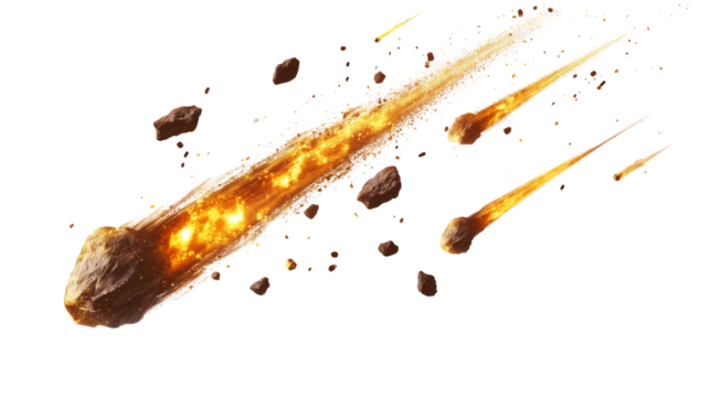 Flying meteors, isolated on transparent background 