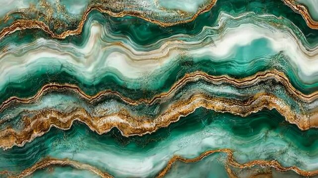Beautiful green and gold marbled pattern with smooth flowing lines and textures on a surface