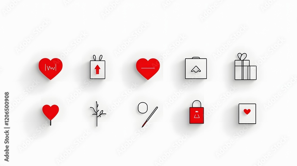 Poster stylish and modern collection of minimalist red heart shaped stickers with a range of simple to deta