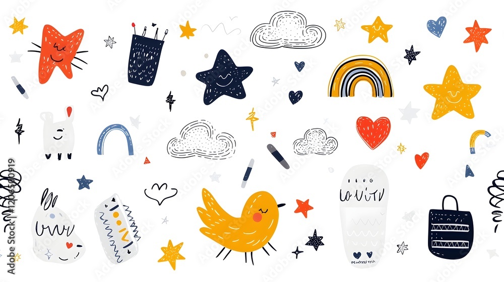 Poster vibrant and whimsical abstract crayon doodle patterns featuring clouds stars hearts and rainbows in 