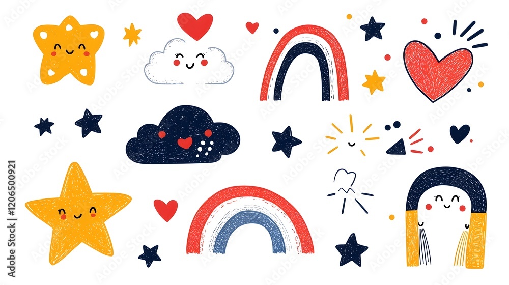 Poster collection of vibrant and whimsical abstract crayon doodle patterns featuring clouds stars hearts an