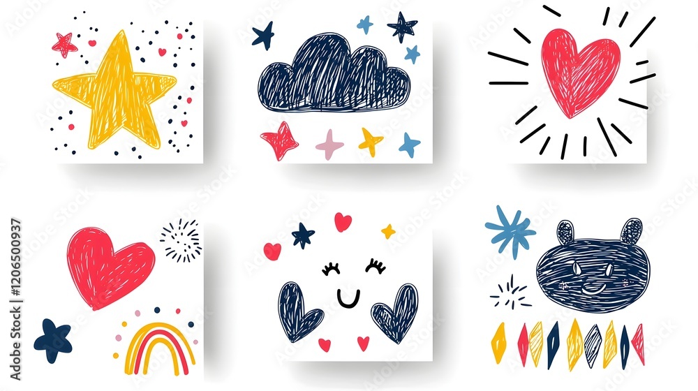 Poster vibrant and whimsical abstract crayon doodle patterns featuring playful clouds stars hearts and rain