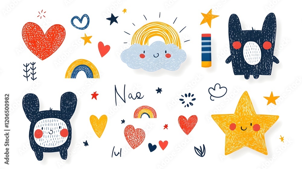 Poster vibrant and whimsical abstract crayon doodle pattern featuring playful icons and such as clouds star
