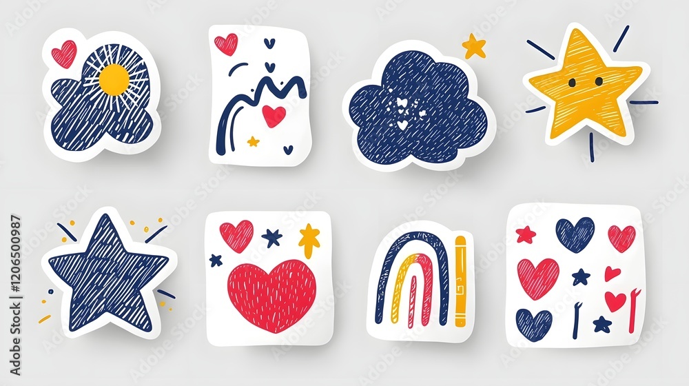 Poster vibrant and whimsical abstract crayon doodle patterns featuring clouds stars hearts and rainbows in 