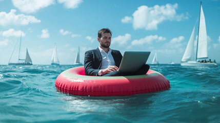 A businessman floating on an inflatable ring shaped like a slice of watermelon, typing on his laptop with gentle ocean waves and distant sailboats around him