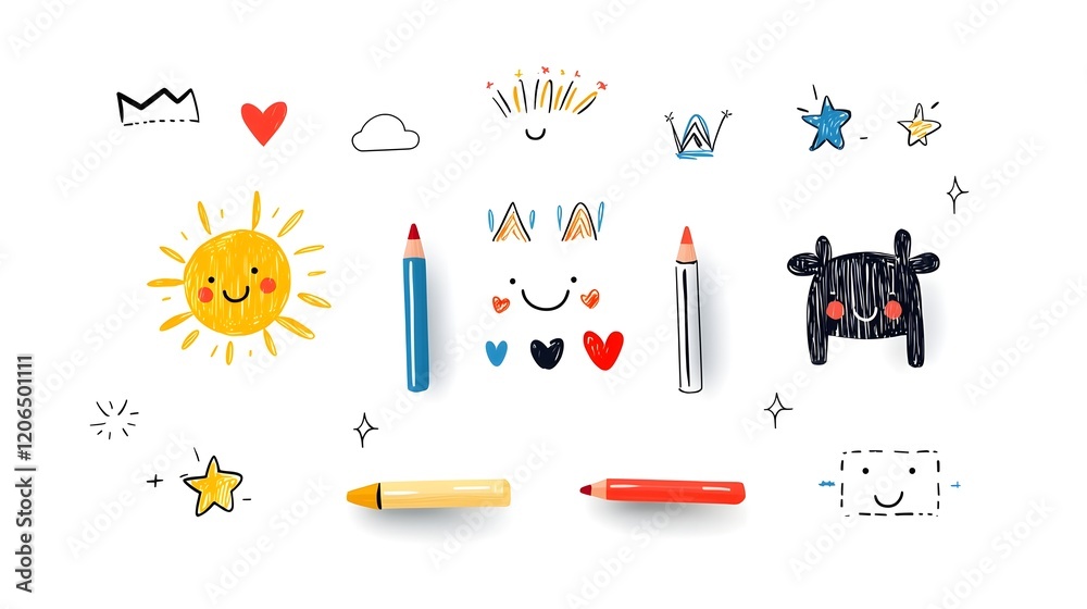 Poster vibrant collection of 6 linear crayon doodle icons featuring a playful mix of abstract shapes like s
