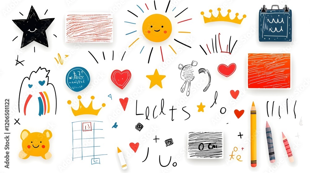 Poster collection of vibrant and playful crayon doodle icons featuring a mix of abstract shapes like suns h