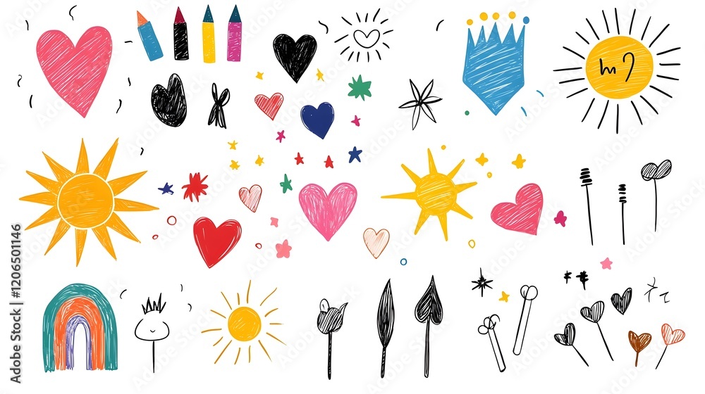 Poster collection of 6 colorful and vibrant crayon doodle icons featuring a playful mix of abstract shapes 