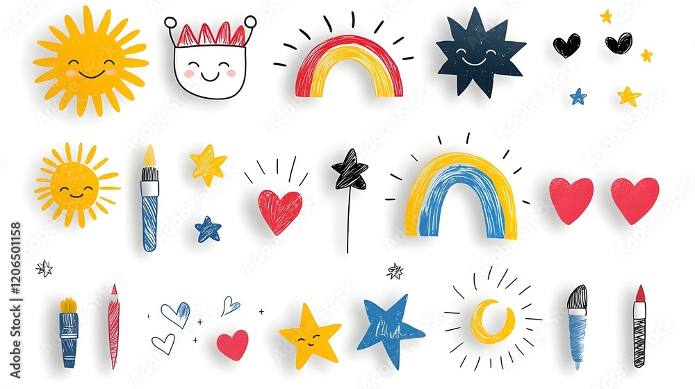 Poster collection of playful abstract shapes in vibrant crayon doodle style designed for fun and engaging k