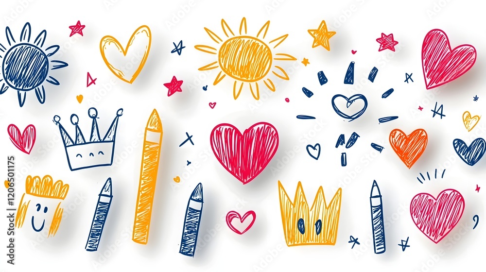 Poster collection of vibrant crayon doodle shapes featuring a playful mix of abstract elements like hearts 