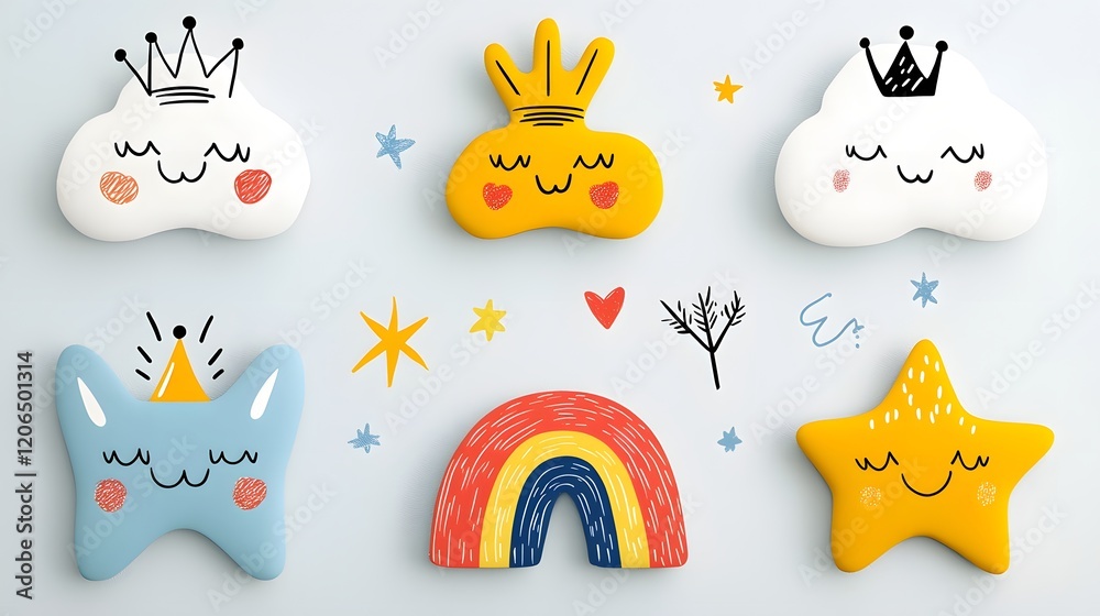 Aufkleber colorful and whimsical collection of abstract crayon style doodle icons featuring playful clouds rai