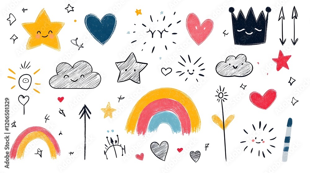 Poster collection of vibrant and whimsical abstract crayon style doodles featuring playful clouds rainbows 