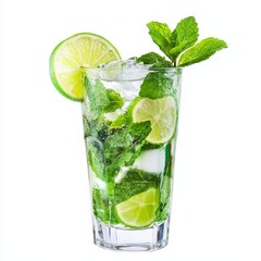 A refreshing Mojito with lime slices and mint leaves, positioned against an isolated white background, fauvism art style