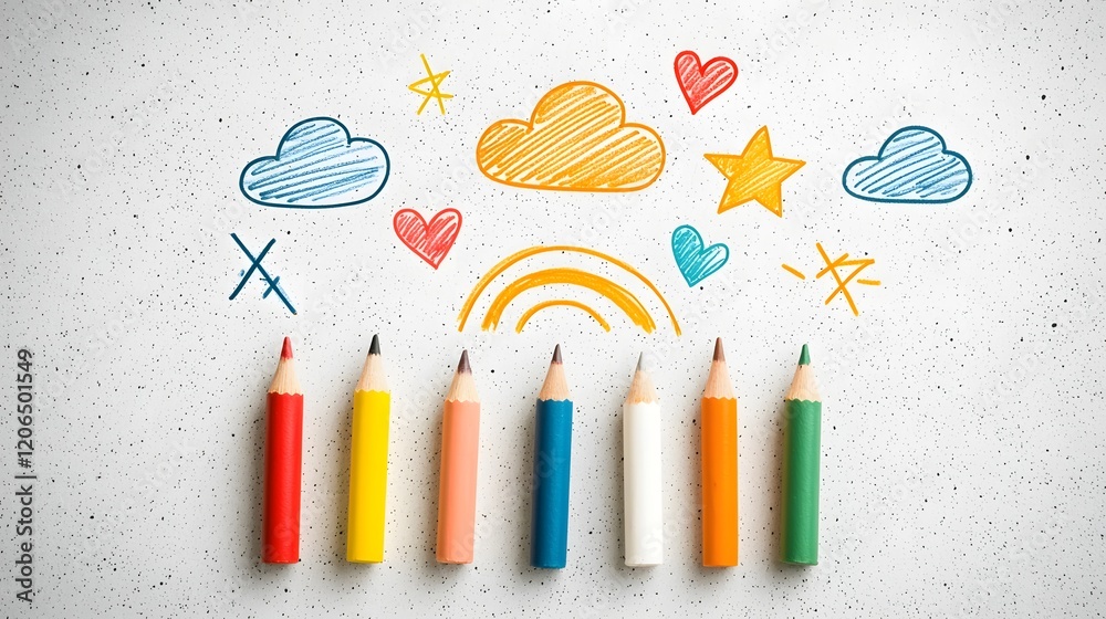 Poster vibrant and whimsical crayon style abstract doodle icons featuring playful clouds rainbows hearts cr