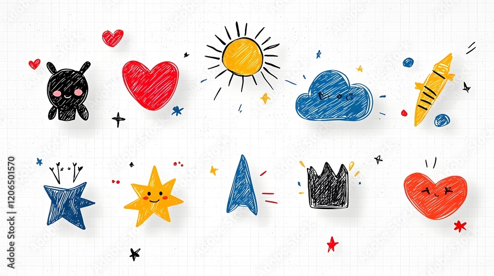 Poster colorful and vibrant sticker pack featuring a collection of hand drawn crayon doodle icons shapes an