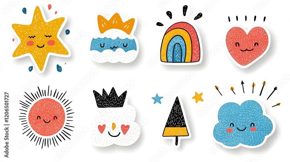 Poster vibrant and playful sticker pack featuring a collection of crayon drawn icons and shapes including c