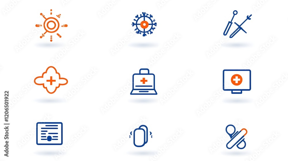 Fototapete collection of 6 linear icons detailing a set of digital healthcare icons that showcase virtual docto