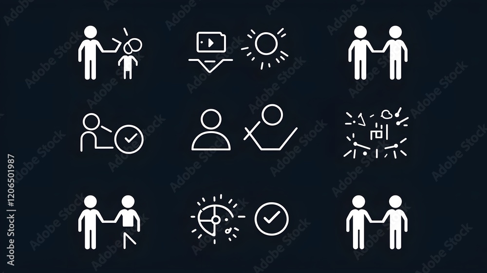 Poster Collection of clean and thin line art icons representing human figures  teams  groups  and community designed for contemporary business and organizational visual applications with clear outlines