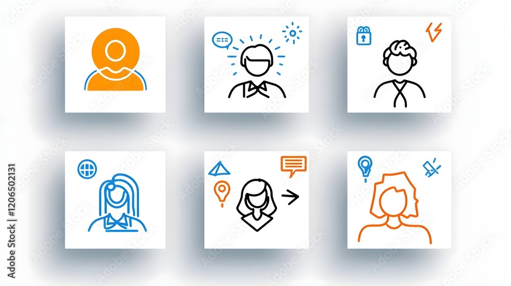 Poster Collection of 6 simple and minimal thin line icons featuring participants groups and organization members with clean outlines and modern design perfect for community social