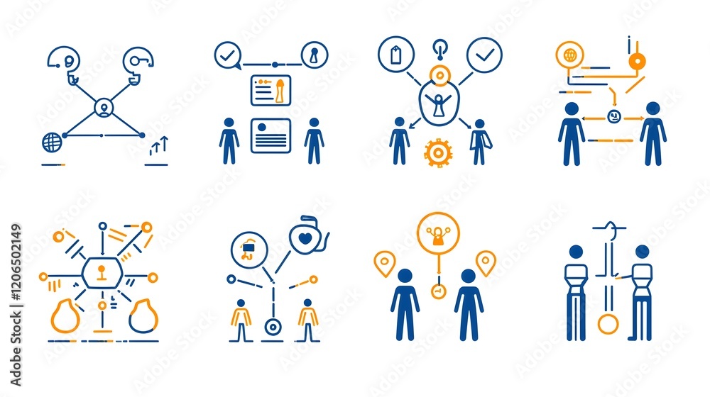 Aufkleber This image showcases a collection of minimalist  thin line icons that visually represent various concepts related to workforce organizational structure  community engagement  and social networking