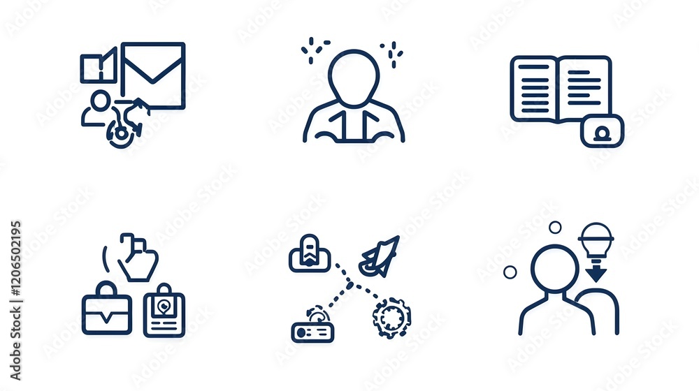 Poster Collection of 6 minimal thin line icons featuring participants groups and organization members with simple outlines and modern design  Perfect for community social and workforce themed concepts and