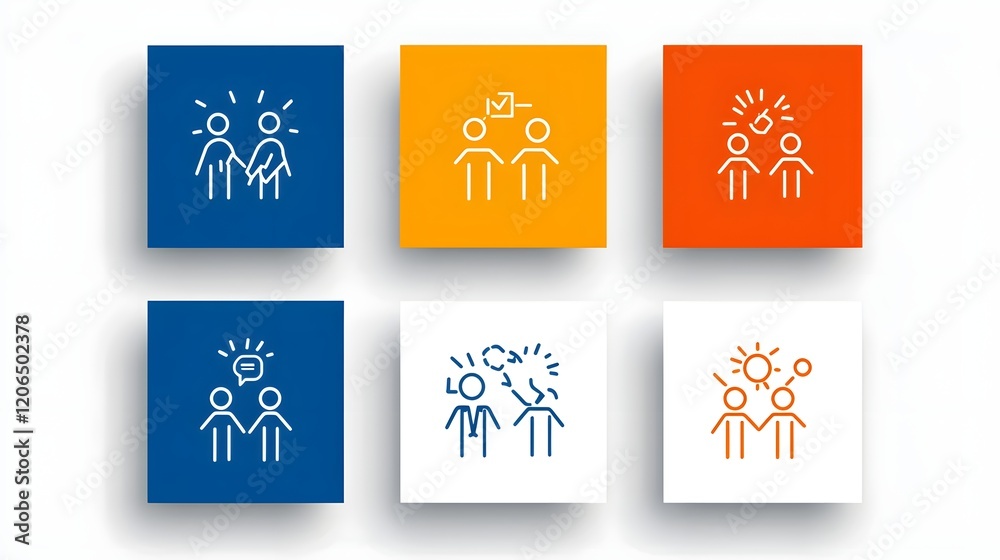 Poster Collection of clean simple and minimalist thin line style icons showcasing the concept of groups participants and members within an organization or community setting