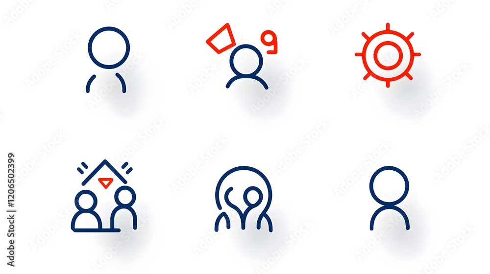 Poster collection of 6 minimalist line art icons showcasing groups participants and members of an organizat