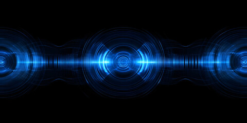 Abstract background with blue light needles and energy circles on a black background. Technological design. sound vibrations or digital vibrations