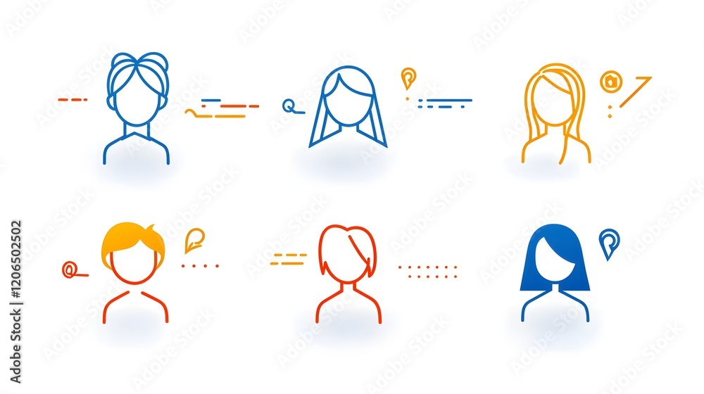 Poster Collection of 6 minimalist linear icons in a clean thin line style showcasing groups participants and members of an organization or community  The simple