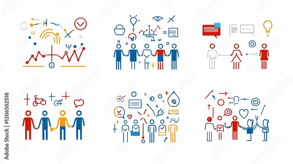 Poster Conceptual showcasing a clean  thin line style collection of icons representing the unity  and members within a community or social organization setting