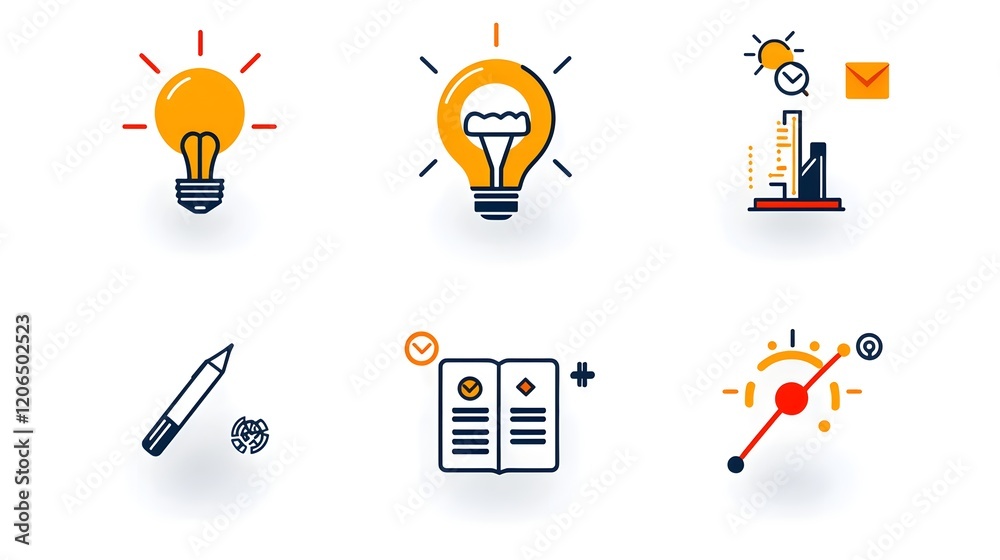 Poster collection of 6 linear icons depicting clean geometric designs that showcase various organizational 