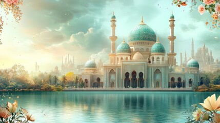 Naklejka premium Serene Mosque by the Lake: A Dreamlike Oasis