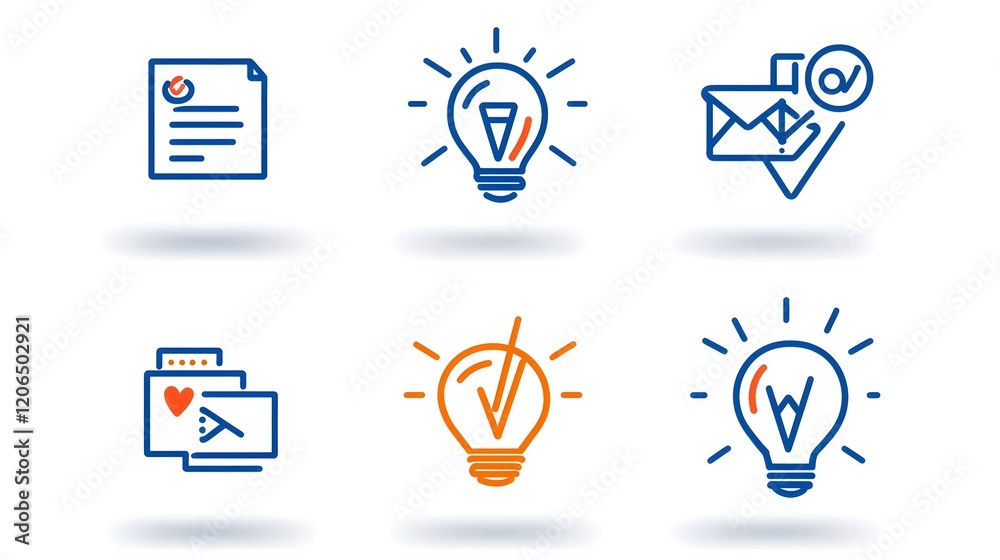 Poster Collection of 6 simple and minimalist linear business marketing icons representing the concepts of agreement sponsorship and social media