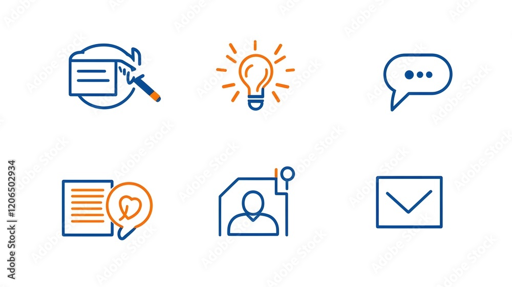 Poster Collection of 6 simple and minimalist linear business marketing icons representing the concepts of agreement sponsorship and social media  These graphic design elements can be used for infographics